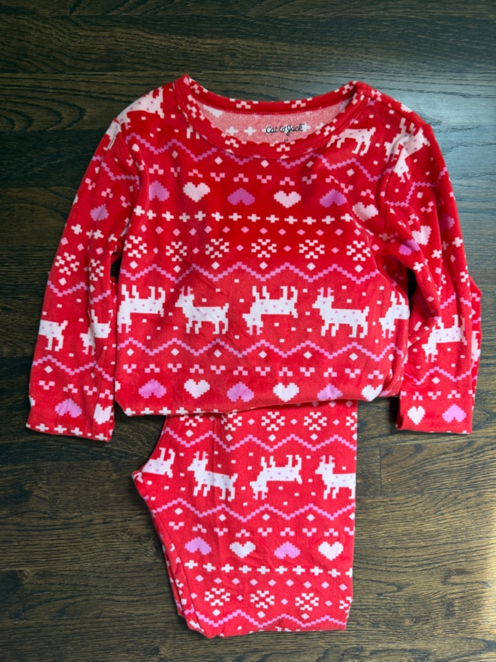Cat & Jack Red Kids Velour Pajama Set with White Reindeer and Pink Hearts